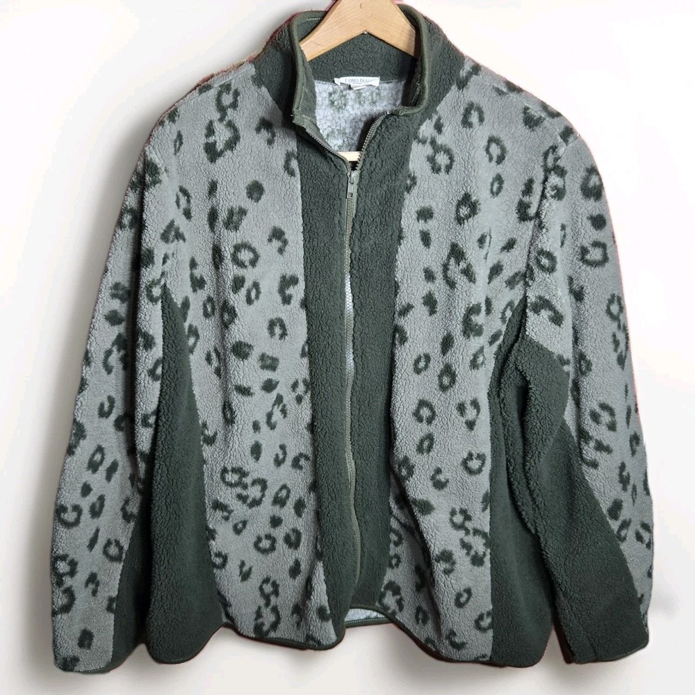 Womens Como Blue Olive Green Animal Print Zip Up Fleece Sweater Jacket‎ Sz 3X